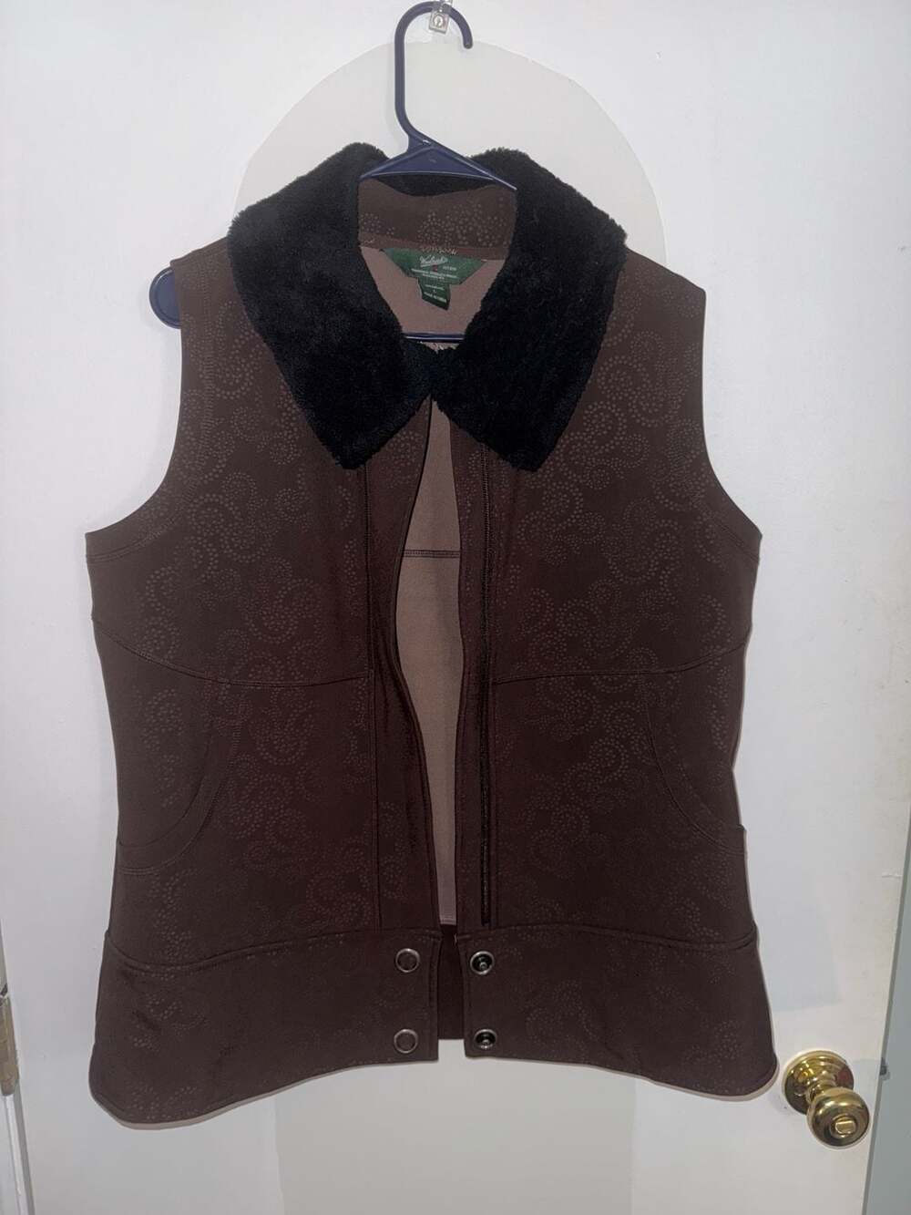 Woolrich Women's Brown Geometric Patterned Vest with Faux Fur Collar, Size Large